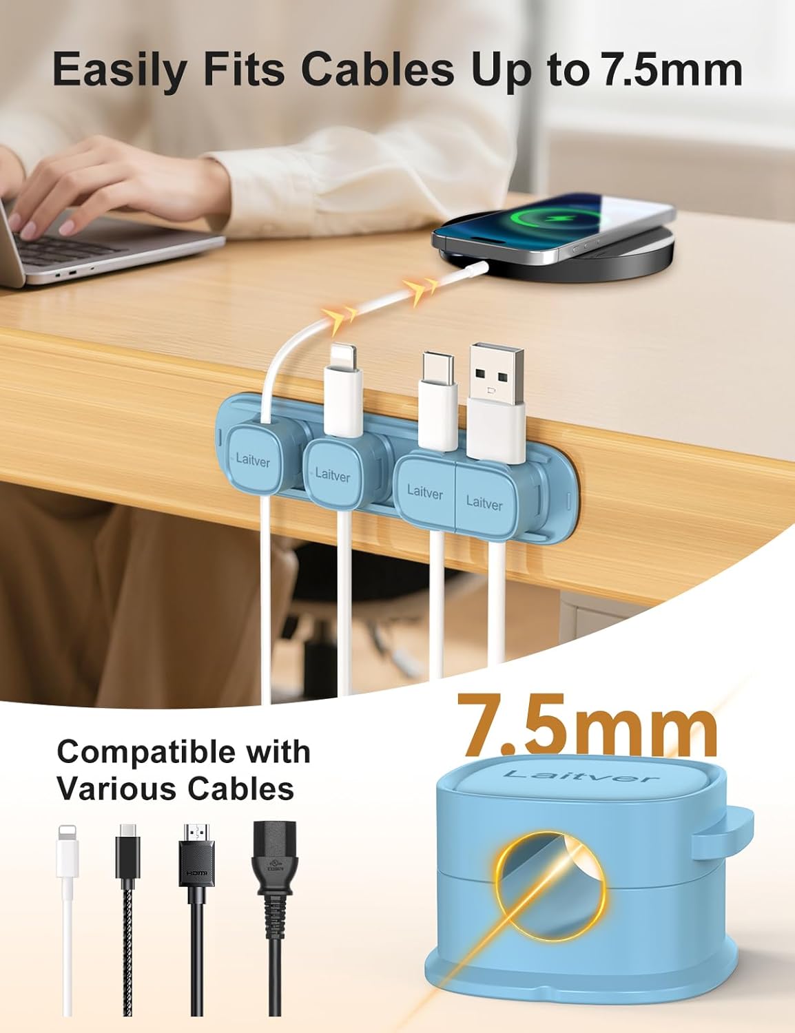 6 Pack Magnetic Cable Clips [1s Open/Lock], Laitver Cord Organizer Holder Strong Adhesive Desk Cable Management- Organize Charging Cords Neatly for Home, Office, Car,Desk, Nightstand