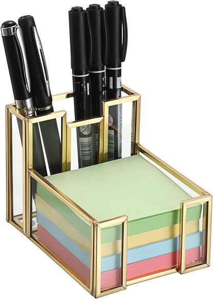 BTSKY Golden Glass 3x3 Inch Sticky Note Holder with Pen Slot, Elegant Post It Note Dispenser with Non-Slip Pads Clear Notepad Holder for Desk Organization Planning, Home Office Decor