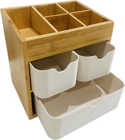 Bamboo Makeup Organizer Jewelry Box, Bamboo Desk organizer with 3 drawers and adjustable dividers, 3 Tier Jewelry Storage Case, Desktop Organization Storage