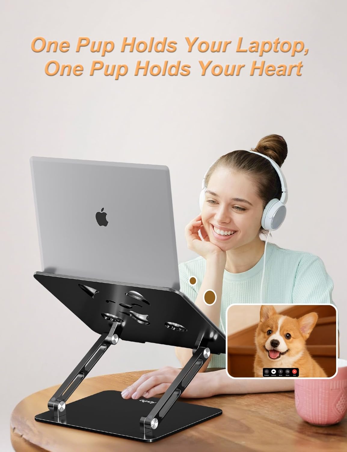 Aoviho Laptop Stand for Desk-Adjustable, Foldable, Portable, Ergonomic Aluminum Notebook Riser with Unique Puppy Cooling Vent, Desk Gift for 10"-17.3" Devices Mac, Dell, HP, Lenovo, Samsung, Gray