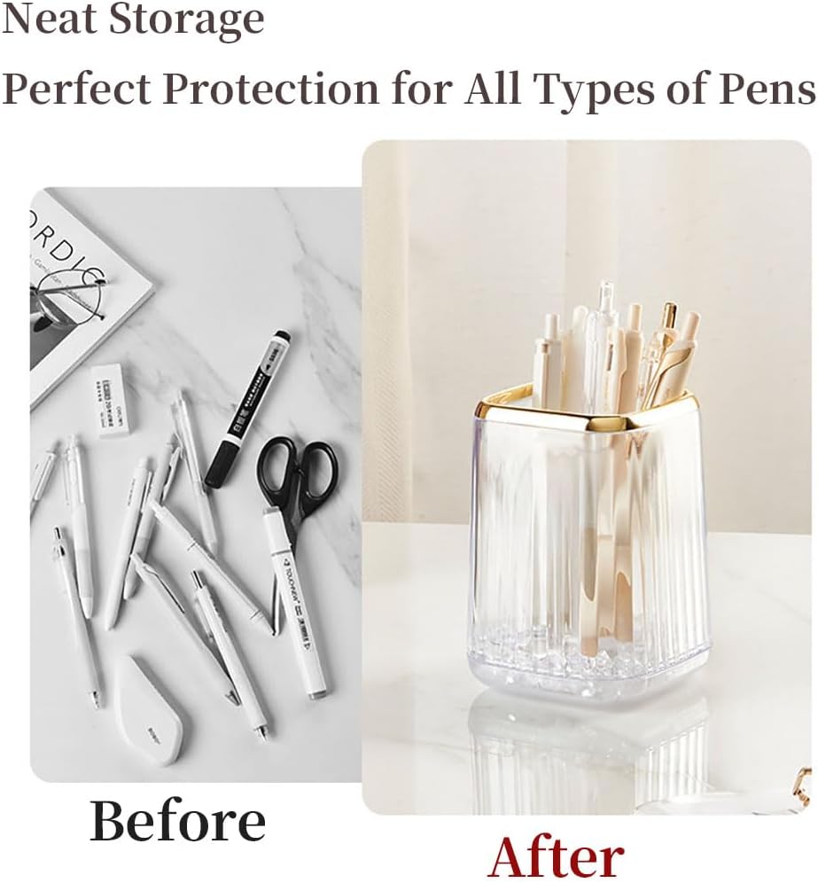 Acrylic Pen Holder, Cute Clear Green Desk Organizer for Pencils, Makeup Brushes Toothbrushes Storage Cup with Striped Design for Vanity Bathroom
