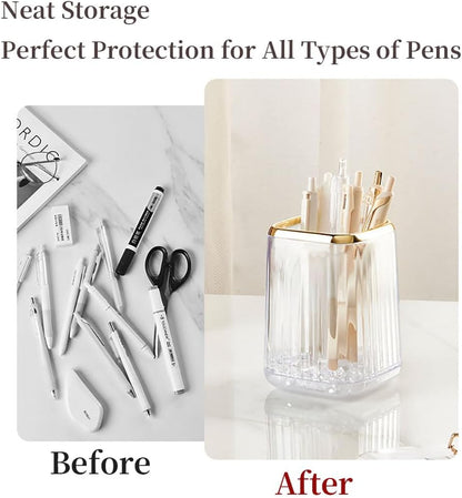 Acrylic Pen Holder, Cute Clear Green Desk Organizer for Pencils, Makeup Brushes Toothbrushes Storage Cup with Striped Design for Vanity Bathroom