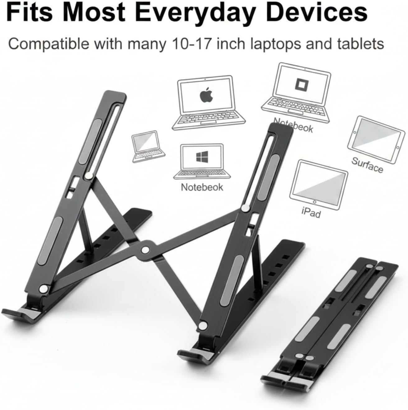 Adjustable Laptop Stand, Foldable Aluminum Laptop Riser for Desk, Portable Ergonomic Notebook Holder for 10-17 Inch Laptops, iPad & Tablet (Black,Aluminum Alloy)