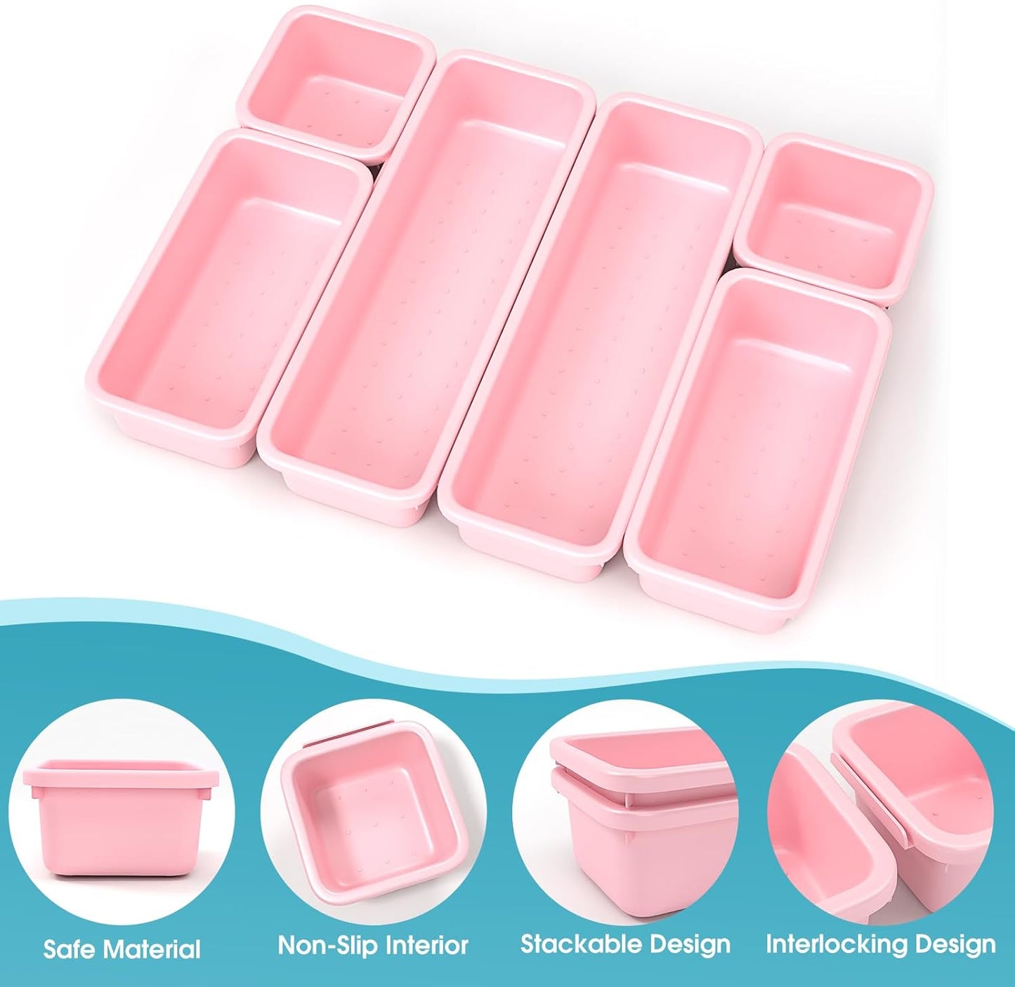 StoreHappily 10 PCS Drawer Organizer Set, 4 Size Makeup Drawer Divider Organizer With Non-Slip Pads, Interlocking Plastic Storage Bins for Office,Jewelry Vanity,Gadgets, Bathroom,Kitchen, Black