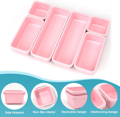 StoreHappily 10 PCS Drawer Organizer Set, 4 Size Makeup Drawer Divider Organizer With Non-Slip Pads, Interlocking Plastic Storage Bins for Office,Jewelry Vanity,Gadgets, Bathroom,Kitchen, Black