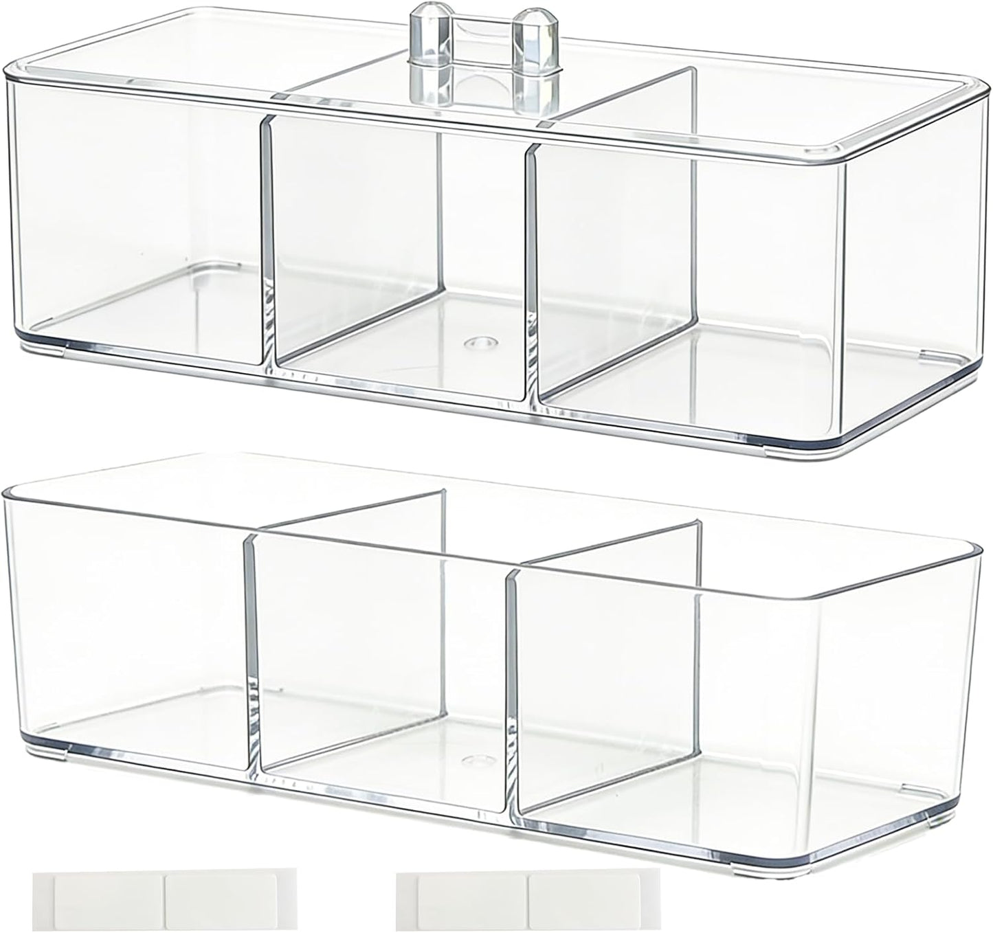 2 Pack Acrylic 3-Compartment Organizer Box, Storage Box with Lid, Clear Pen Holder Organizer Makeup Brush Holder for Office Desk Accessories, Cosmetic Brush Storage Box, Dorm, Bathroom, Kitchen