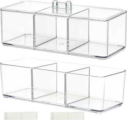 2 Pack Acrylic 3-Compartment Organizer Box, Storage Box with Lid, Clear Pen Holder Organizer Makeup Brush Holder for Office Desk Accessories, Cosmetic Brush Storage Box, Dorm, Bathroom, Kitchen
