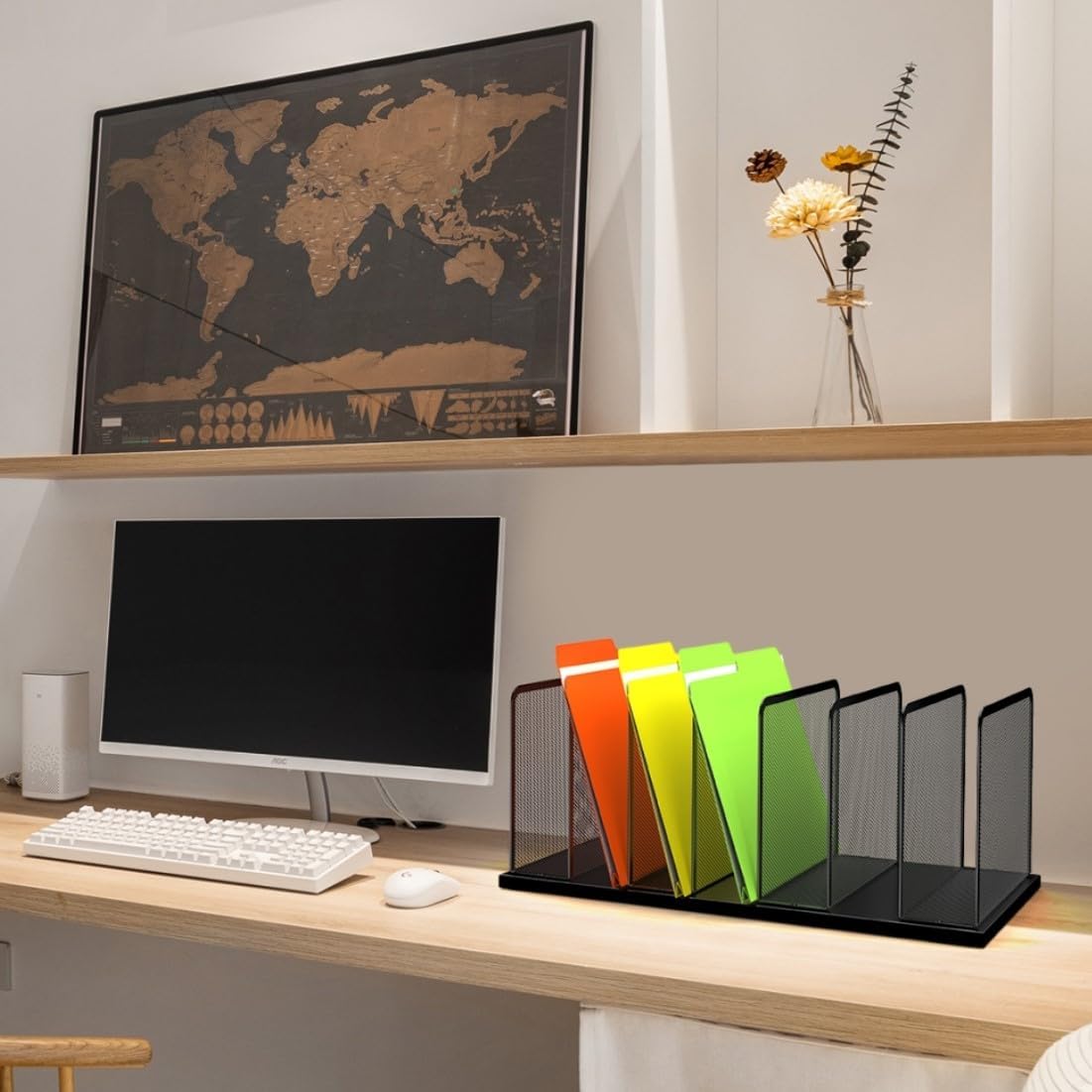 Kuntine.B Desk File Organizer 5 Sections Upright Mesh Desktop Organizer File Sorter Office Organization File Holder for Home, Office & Classroom