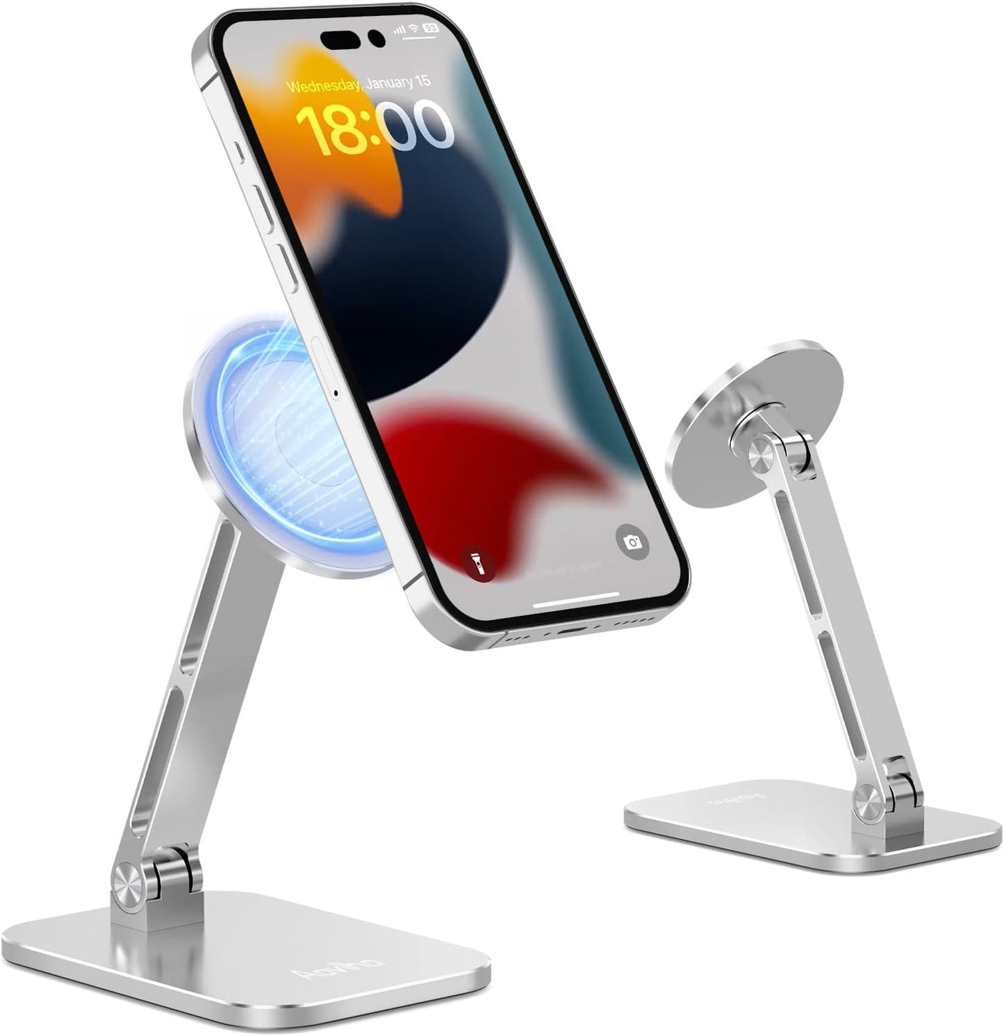Aoviho Magnetic Phone Stand for MagSafe Adjustable - Aluminum Portable Phone Holder for Desk with 360° Rotating Head Compatible with iPhone 16/15/14/13/12 Pro Max and Magnetic Phone Case, Silver