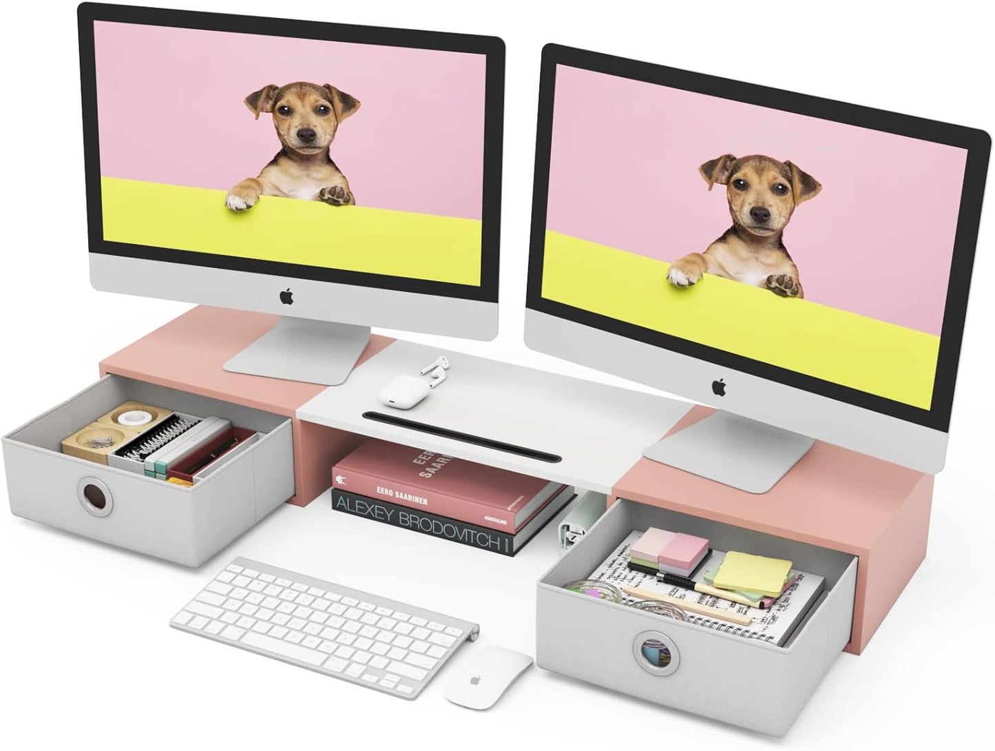 WESTREE Dual Monitor Stand Riser with Two Drawers, Extra Large Storage for 2 Monitors, Desktop Oraganizer Computer,Laptop,Screen,Printer,TV