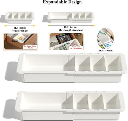 YOOUSOO Expandable Drawer Organizer, 2 PCS Adjustable Drawer Organizer Trays, Drawer Dividers Organizers and Storage For Office Supplies, Pens, Makeup,Utensils, Tools, Flatware and Junks, White