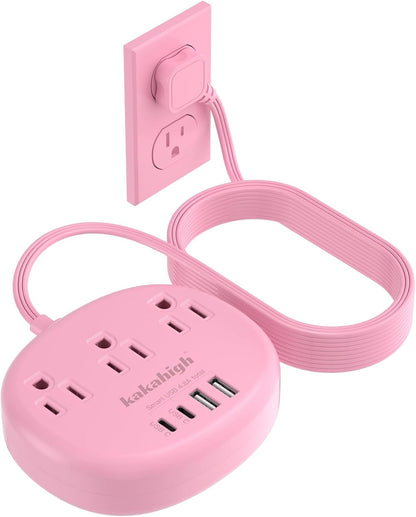Pink Extension Cord with Surge Protected 1080J - 5 FT Kawaii Power Strip, 1625W Cute Extension Cord with 3 AC Outlet 4 USB (24W/4.8A), Compact for Cute Pink Kawaii Desk Home Essentials