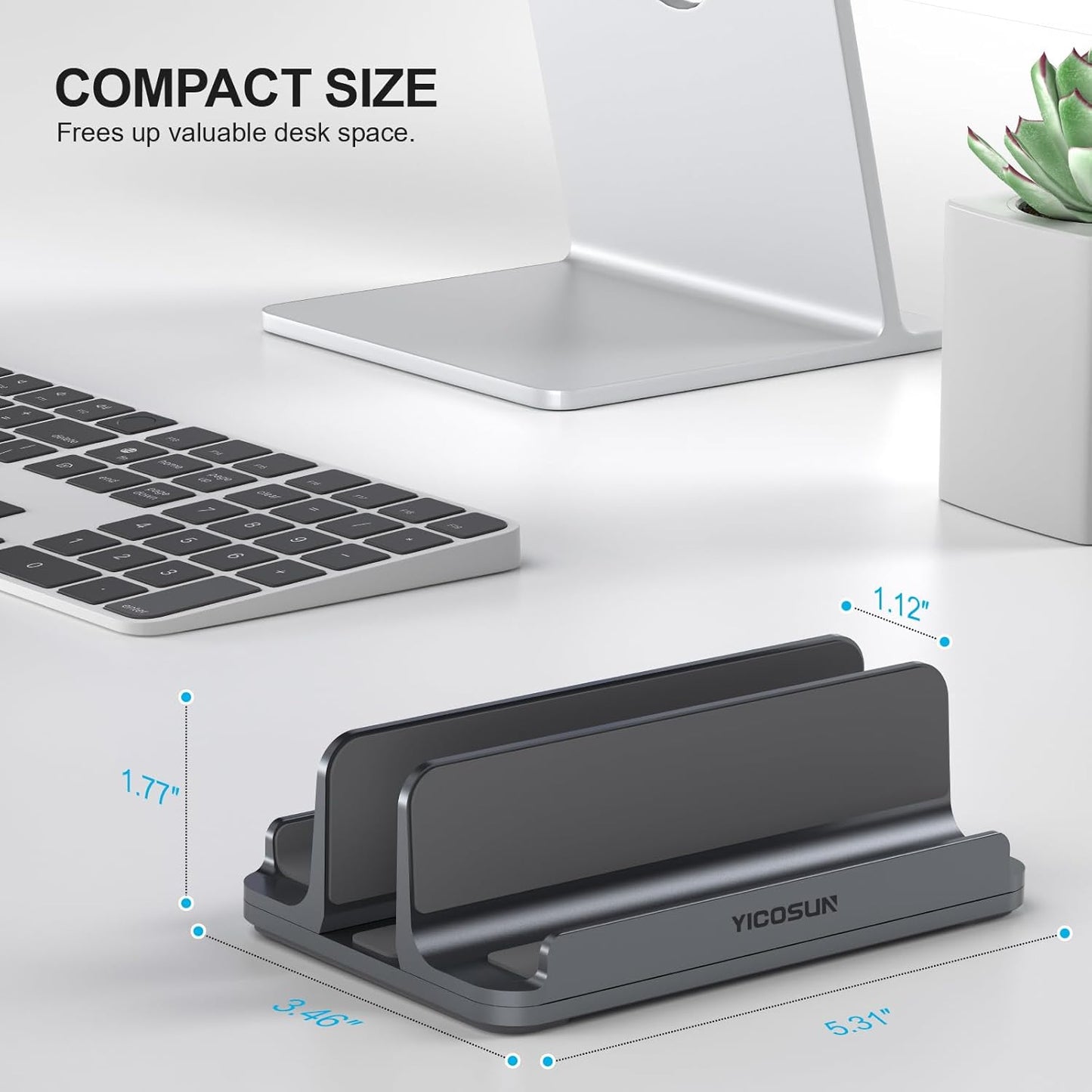 YICOSUN Aluminum Vertical Laptop Stand for Desk - Adjustable Width Dock for MacBook, Surface, Samsung, HP, Dell up to 17.3 inches - Space-Saving & Protective Design - Gray