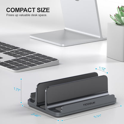 YICOSUN Aluminum Vertical Laptop Stand for Desk - Adjustable Width Dock for MacBook, Surface, Samsung, HP, Dell up to 17.3 inches - Space-Saving & Protective Design - Gray