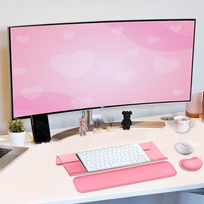 Computer Keyboard Wrist Rest Stand Set for Desktop, Keyboard Holder Easy Typing with Wrist Pad for Office, Home, School - Pink