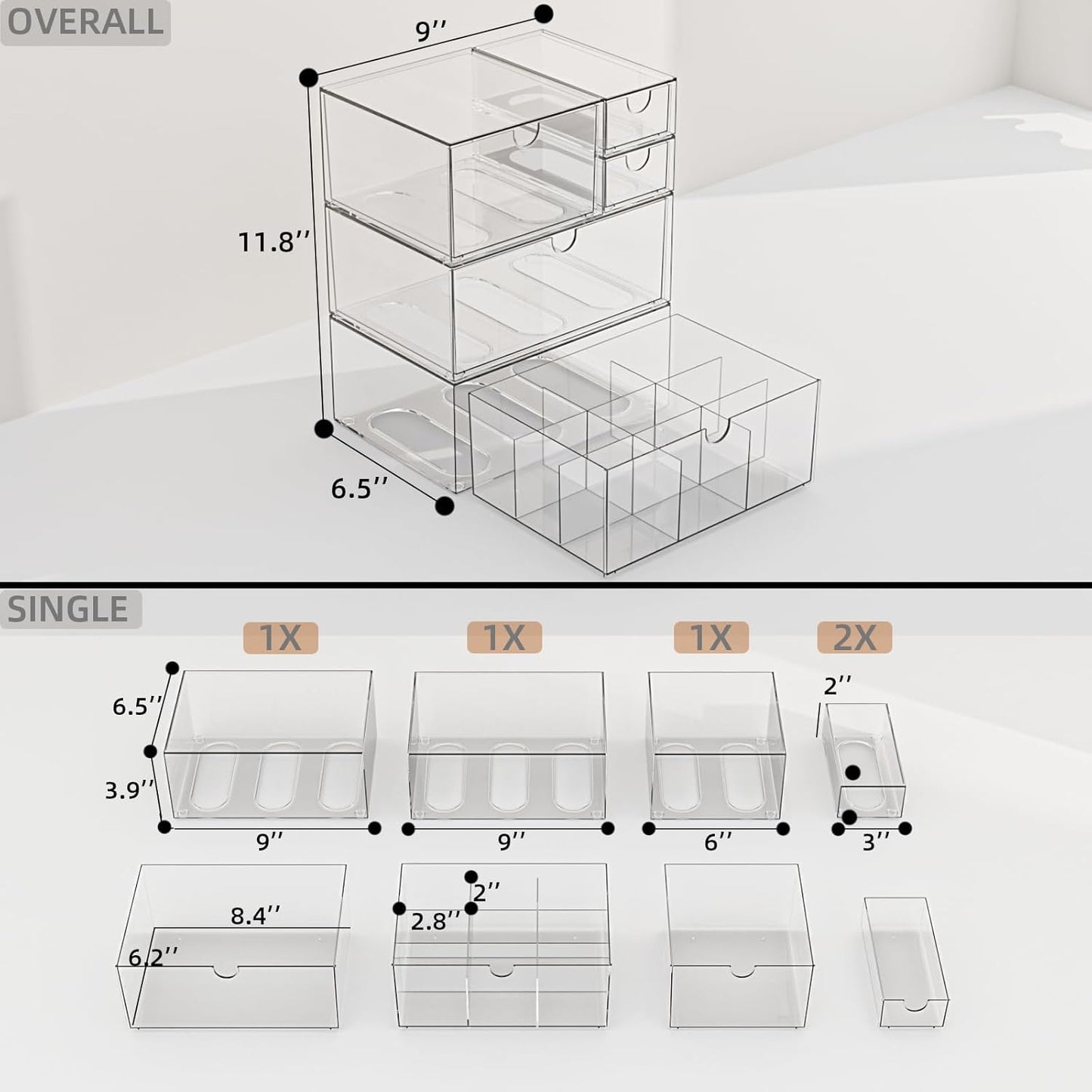 Desk Organizer Set, Clear Stackable Dustproof Storage Boxes for Desktop, Office, DIY Craft & Vertical Space Saving, Perfect for Makeup, Stationery, Jewelry Organization (5 Drawer)