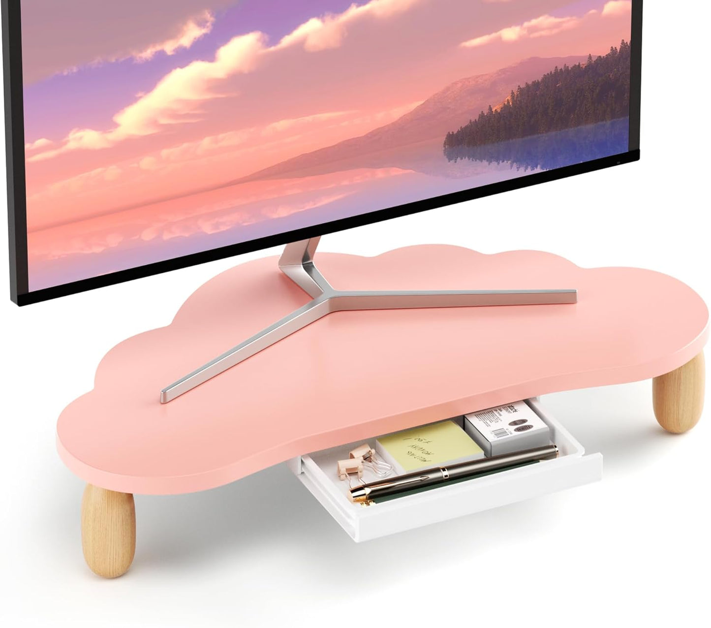 AFOOYO Monitor Stand Riser,Cloud Shape Wood Computer Monitor Stand, 16.5IN Monitor Stand Riser, Multi-Purpose Desktop Organizer Riser for Computer,Laptop,Printer,TV,Pink