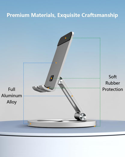 Phone Stand for Desk, 360° Rotating Dual Adjustable Foldable Holder, Heavy Solid All-Aluminum Base Anti-Slip Stable Support for Home Office Study, Fits iPhone Galaxy 4-8" Phones (Silver)