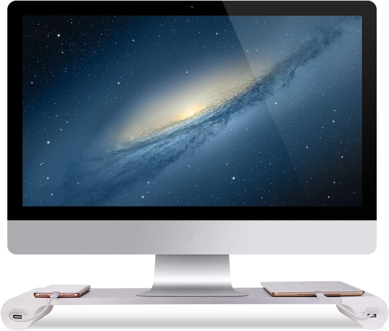 PG Silver Monitor Stand Riser with 4-Port USB Charging ports, Convenient keyboard organiser,Desktop Organizer for Computer, Laptop, TV, Printer - Ergonomic Keyboard Tray & Storage Shelf.