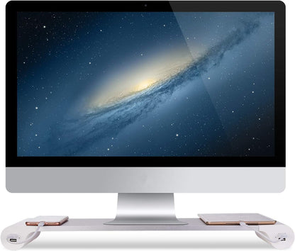 PG Silver Monitor Stand Riser with 4-Port USB Charging ports, Convenient keyboard organiser,Desktop Organizer for Computer, Laptop, TV, Printer - Ergonomic Keyboard Tray & Storage Shelf.