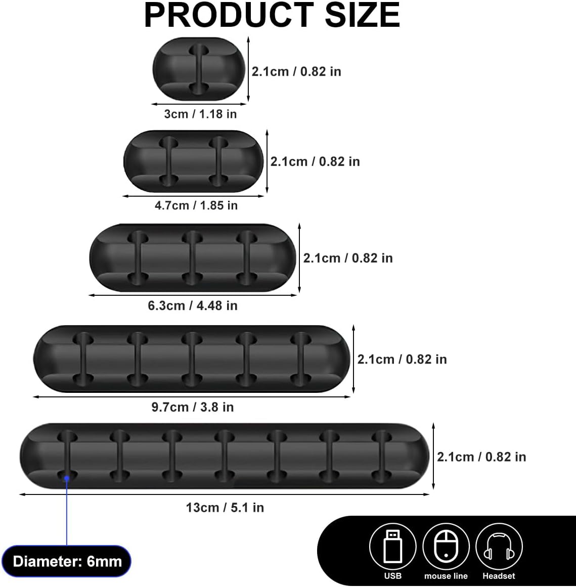 5 Packs Cord Organizer, Cable Management USB Power Wire Cord Clips, Cable Organizers for Car Home and Office (1, 2, 3, 5, 7 Black)