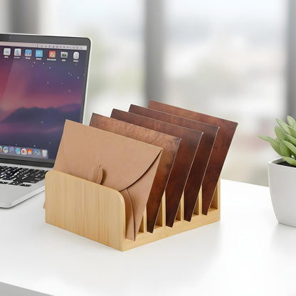 Kifmurase 2Pcs Desk Mail Organizer with Divider, Bamboo File Holders, Vertical Letter Sorter for Desktop, Countertop Paper Organizer, 5 Compartments Envelope Holders for Bill, Document, Notebook