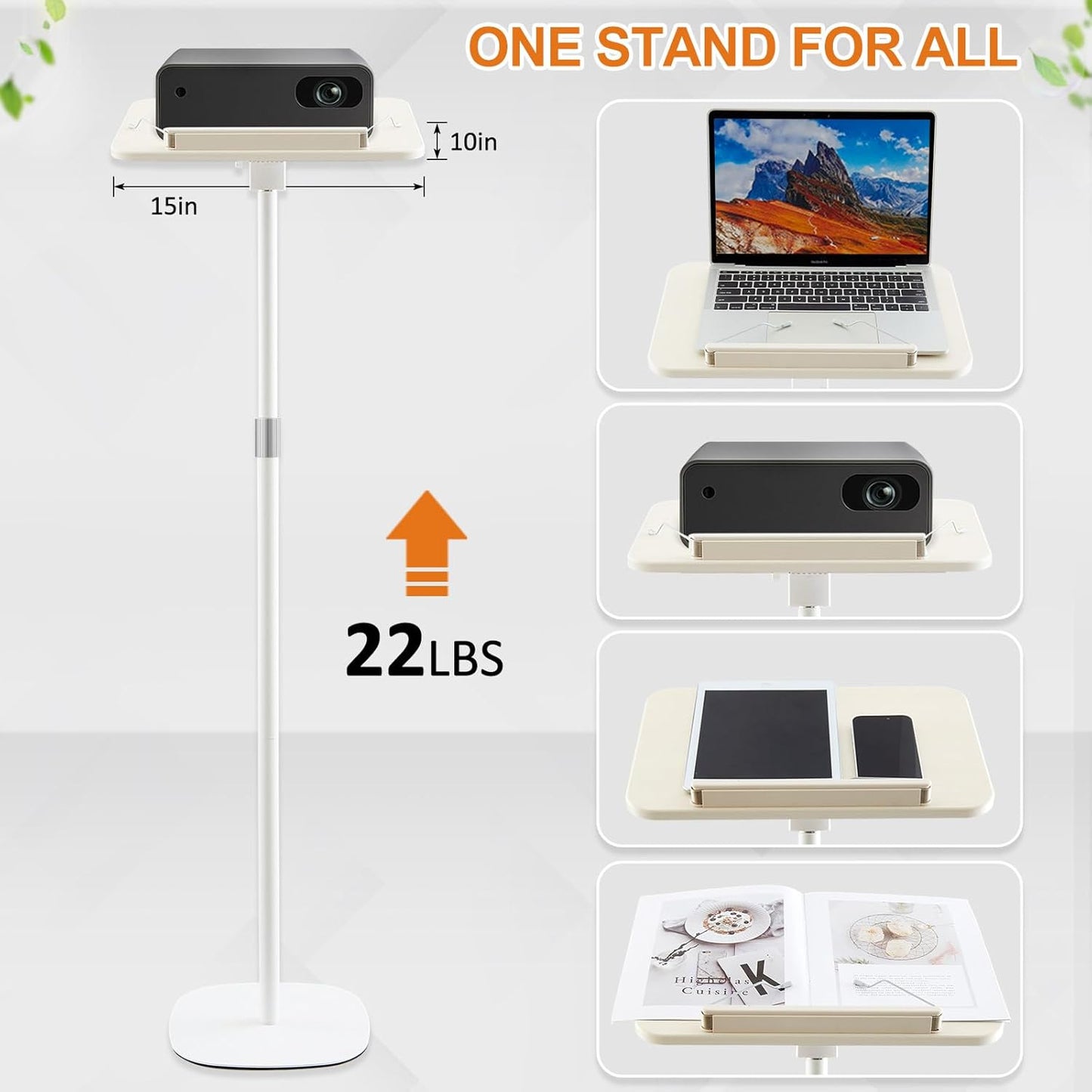 2 in 1 Dual-use Floor & Desktop Book Stand White, 19.6-54 Inch Height Adjustable, for Bible Stand Music Holder Podium Recipe Cookbook, Foldable Book Holder for Reading with Page Clips