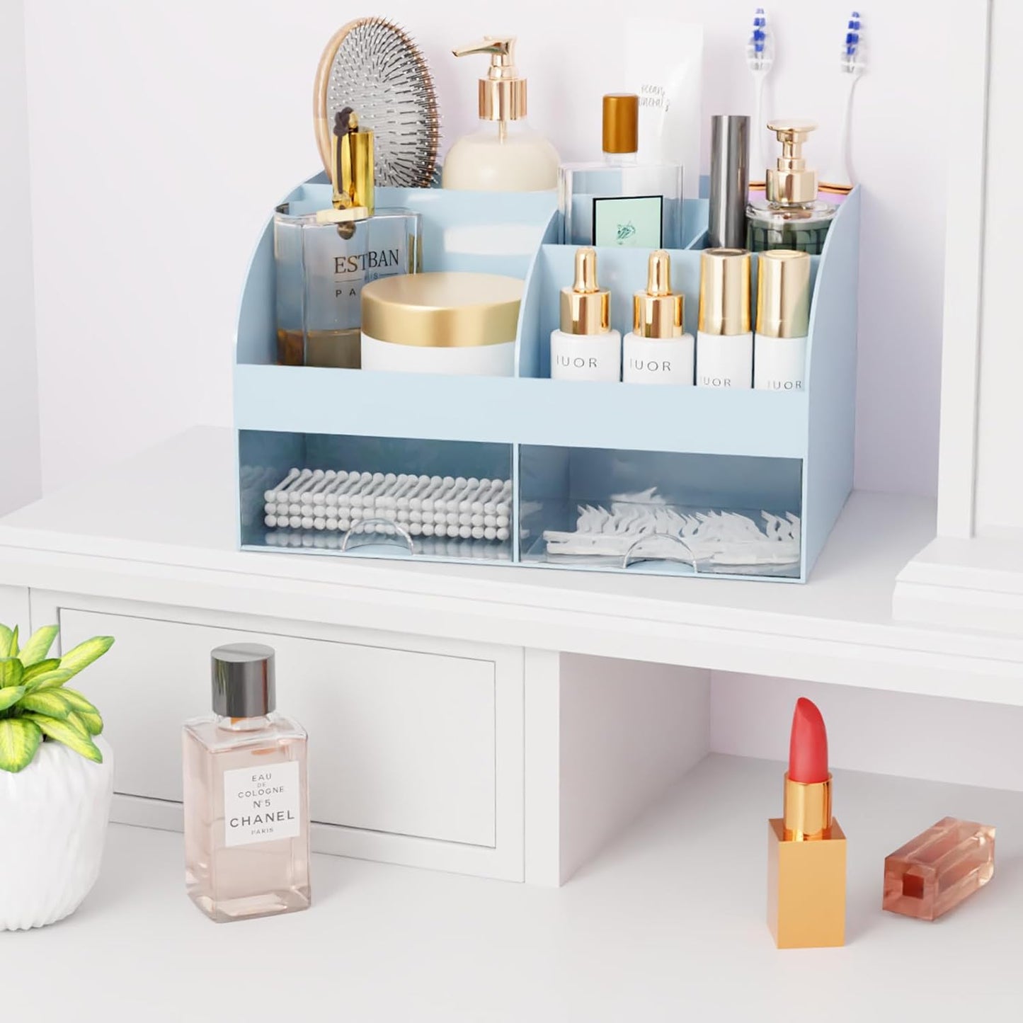 Makeup Organizer with Drawers, Cosmetic Storage for Dresser Vanity and Bathroom Countertop, Beauty Holder for Lipstick Brush, Skincare Organizer for Vanity, Cosmetic Display Case (White)