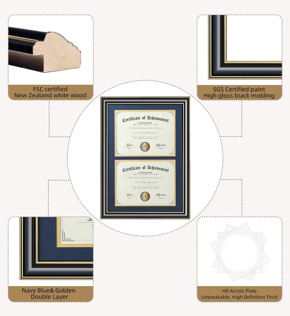 ELSKER&HOME Diploma Frame - Wide Solid Wood Frame - Black Velvet Golden Rim Mat - Semi-Tempered Glass - Includes Hanging Hardware and Desktop Easel(ONLY Display 11×14 Document/Certificate)
