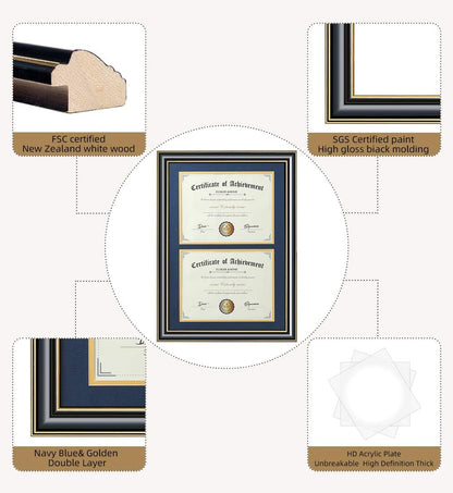 ELSKER&HOME Diploma Frame - Wide Solid Wood Frame - Black Velvet Golden Rim Mat - Semi-Tempered Glass - Includes Hanging Hardware and Desktop Easel(ONLY Display 11×14 Document/Certificate)