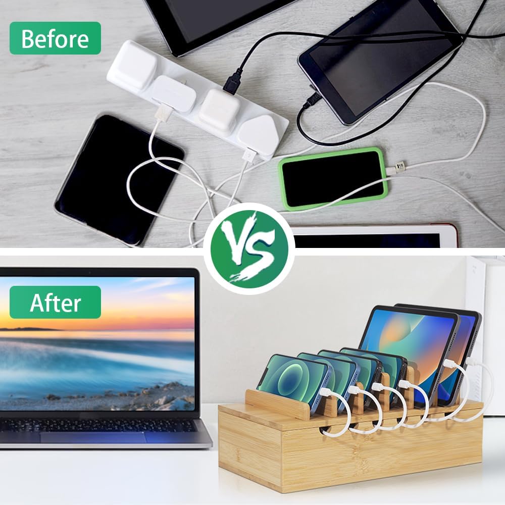 Bamboo Charging Station for Multiple Devices, Desk Docking Stations Organizer Compatible with iPhone Devices, Wood Charging Cell Phone Holder Stand (Includes 6 Cables) (NO Power Supply)