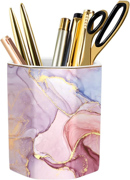 WAVEYU Ceramic Pen Holder for Desk Cute, Pencil Cup Pot Desk Organizer, Makeup Brush Holder for Women, Men, Kids, Desk Marble Decor for Office, Classroom, Home, Gray Golden