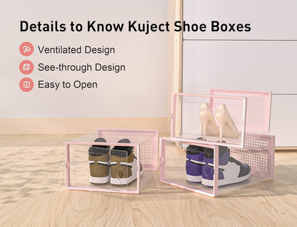 Kuject X-Large Shoe Storage Boxes Organizers Clear Plastic Stackable 12 Pack, Shoe Rack & Holder Substitute, Sneaker Containers, Toy Storage Organizer Bins for Entryway, Closet, Under Bed, Black