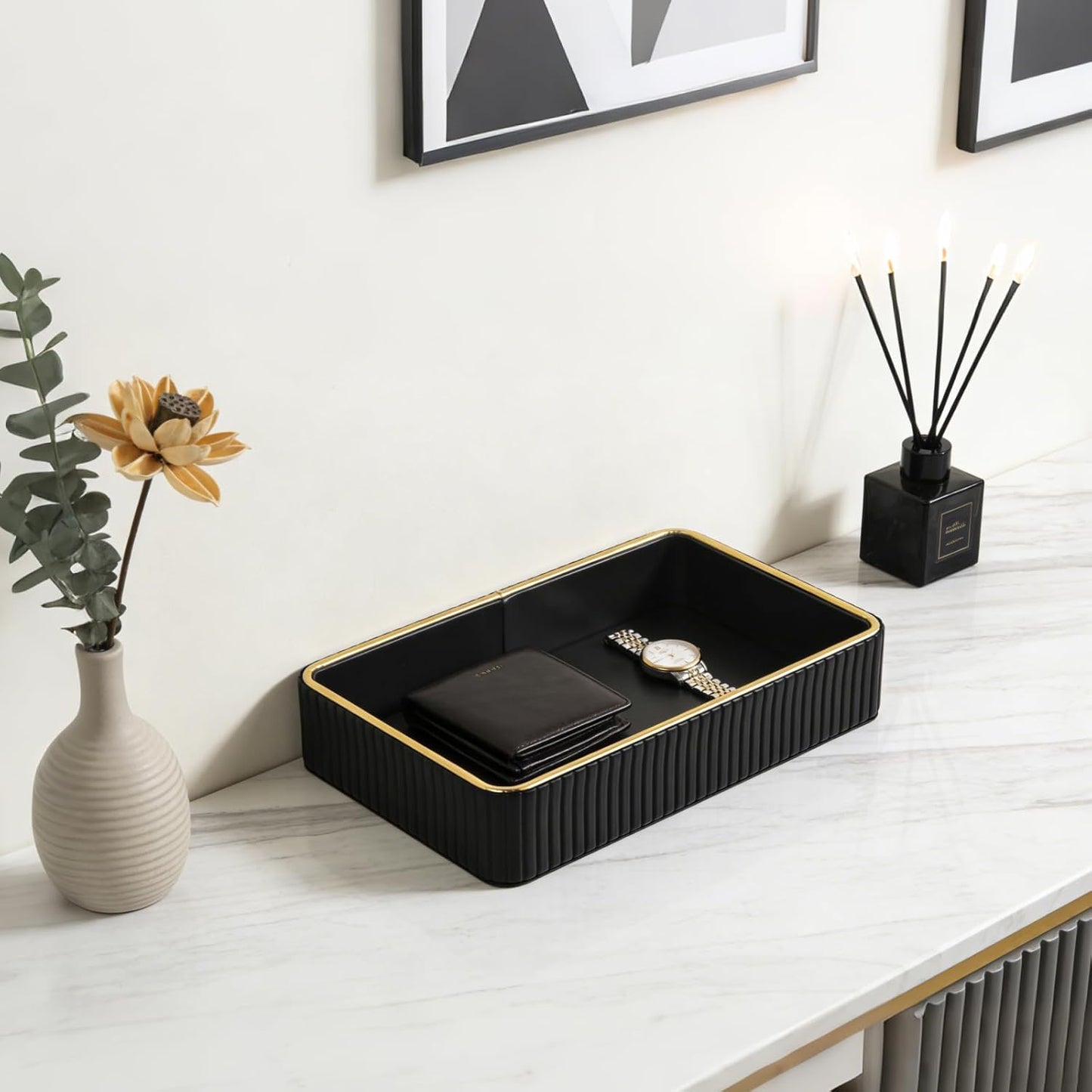 PU Leather Valet Tray,Desk Organizer Tray Nightstand Organizer Trinket Dish Storage Key Bowl Decorative Trays for Phone Wallet Jewelry Watch,Bathroom Bedroom Perfume Vanity Trays,Cream White