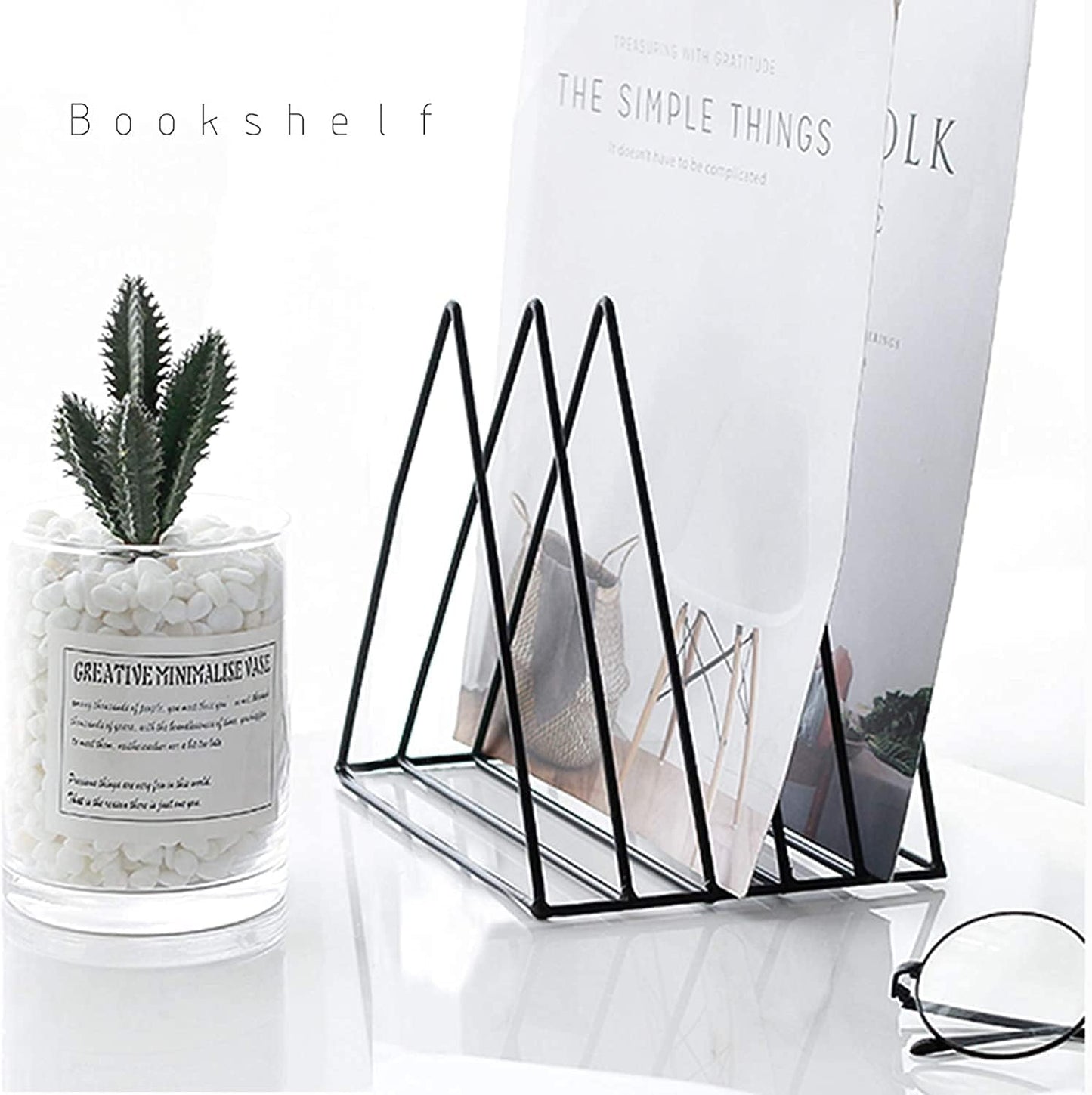 QPEY Triangle File Holder,5 Slot Metal Vinyl Record Stand Holder Magazine Newspaper Holder Photography Props for Office Home 1 Pc (Gold)