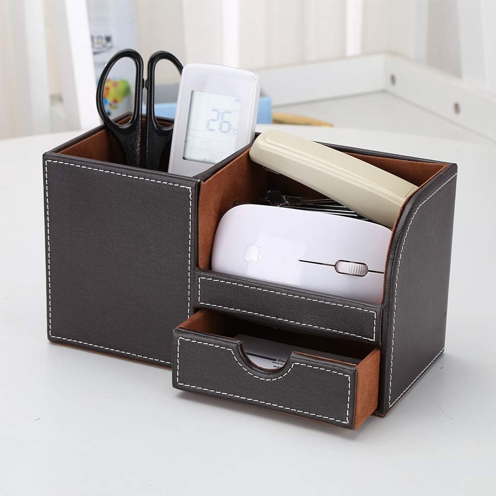 KINGFOM Desk Organizer Office Supplies Caddy Pu Leather Multi-function Storage Box Pen/Pencil,Cell phone, Business Name Cards Remote Control Holder with Small Drawer Black