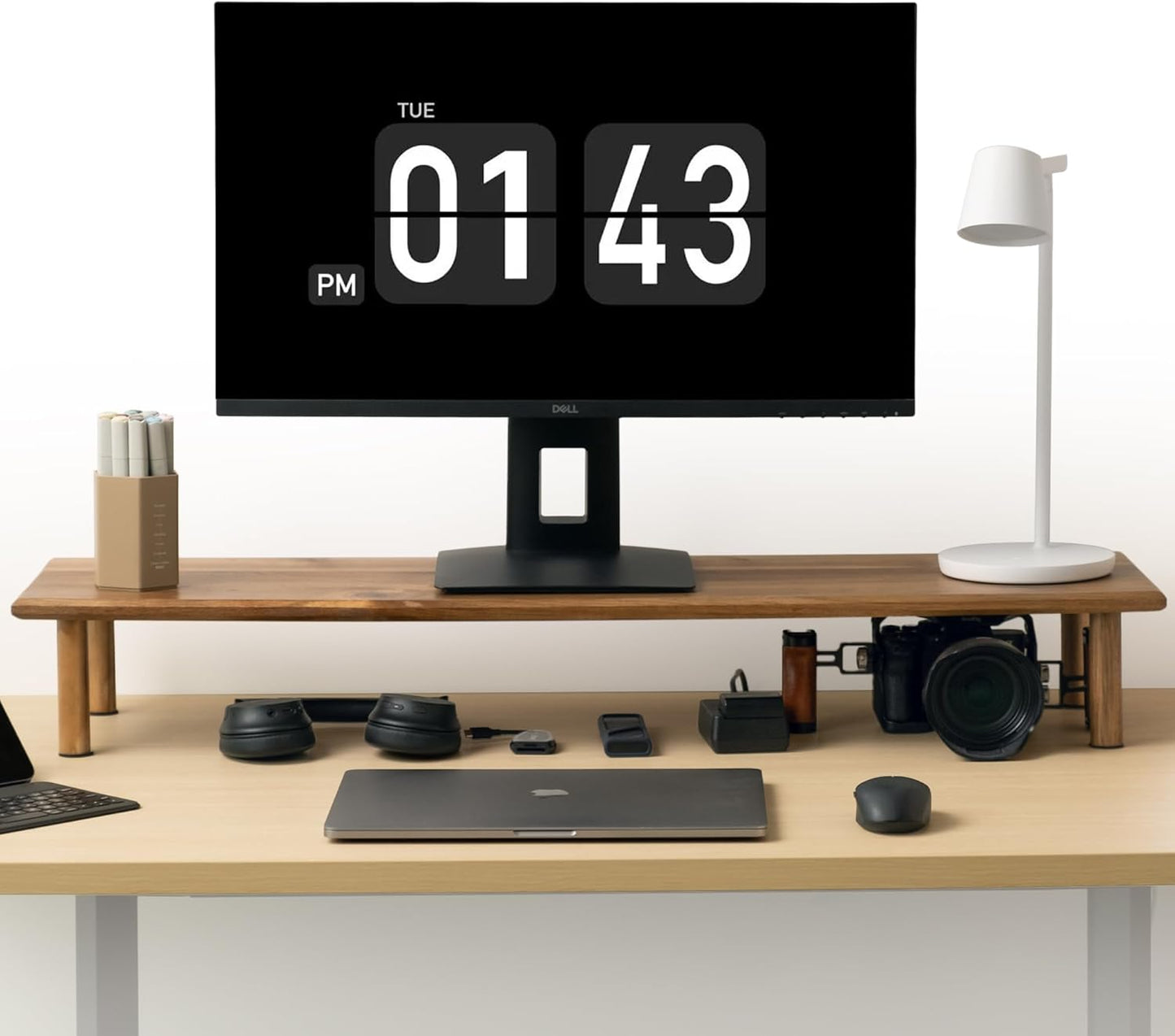 Bamboo Dual Monitor Shelf, Monitor Stand Riser with Underneath Storage for Desk Office Supplies, Supports Heavy TV up to 300 lbs, Natural