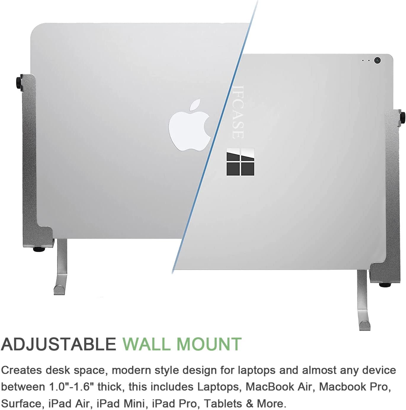 IFCASE Aluminum Wall Laptop Mount Holder for MacBook Air, Pro, Surface, iPad, Tablets, Cell Phones with Headphone Hook, Anti-Scratch Pads, Adhesive & Screws (Black)