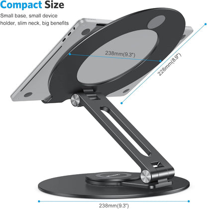 OMOTON Adjustable Laptop Stand with 360 Rotating Base, Ergonomic Laptop Riser for Collaborative Work, Dual Rotary Shaft Fully Foldable for Easy Storage, Fits All Laptops up to 16 inches, Silver