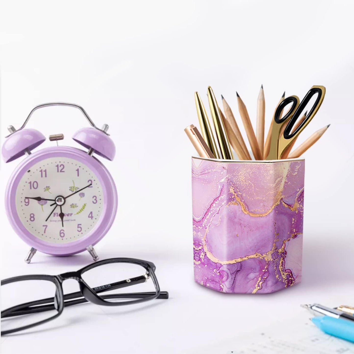 WAVEYU Ceramic Pen Holder for Desk Cute, Pencil Cup Pot Desk Organizer, Makeup Brush Holder for Women, Men, Kids, Desk Marble Decor for Office, Classroom, Home, Gray Golden