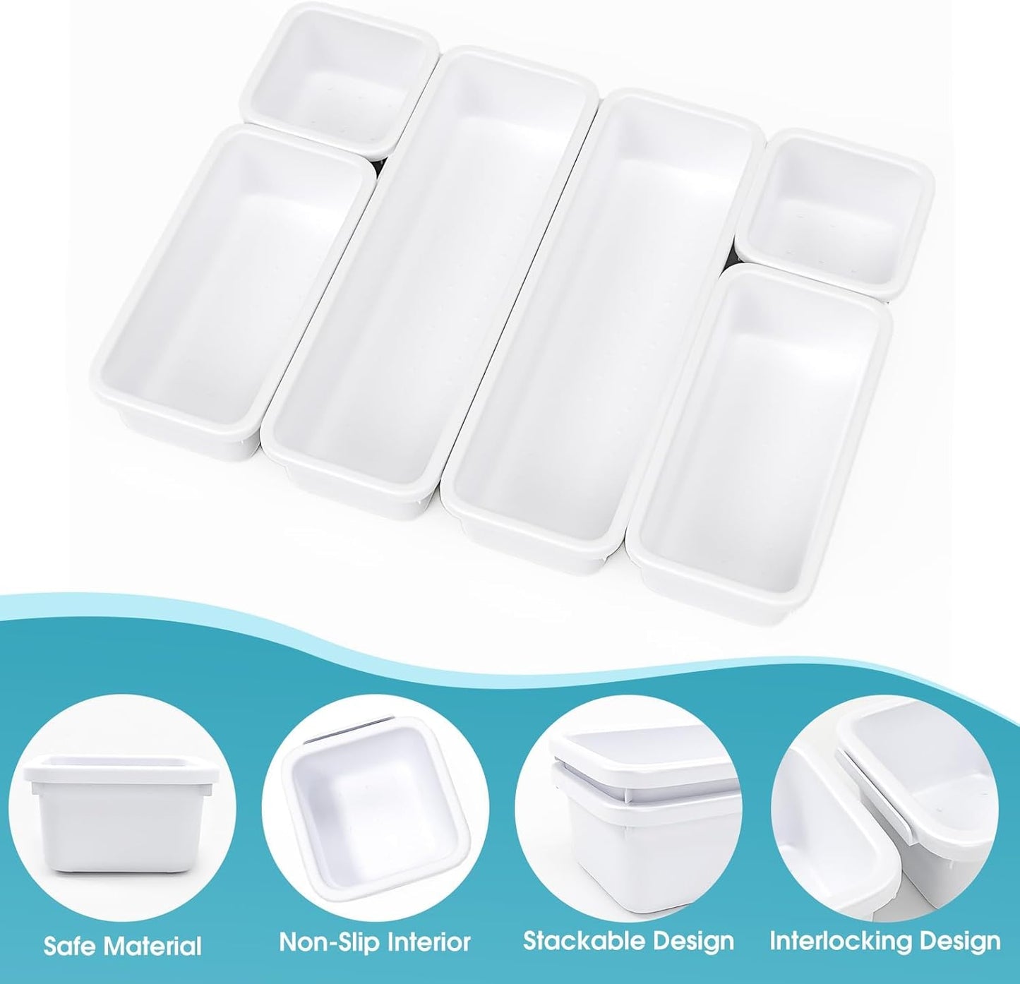 StoreHappily 10 PCS Drawer Organizer Set, 4 Size Makeup Drawer Divider Organizer With Non-Slip Pads, Interlocking Plastic Storage Bins for Office,Jewelry Vanity,Gadgets, Bathroom,Kitchen, Black