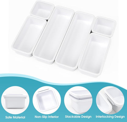 StoreHappily 10 PCS Drawer Organizer Set, 4 Size Makeup Drawer Divider Organizer With Non-Slip Pads, Interlocking Plastic Storage Bins for Office,Jewelry Vanity,Gadgets, Bathroom,Kitchen, Black
