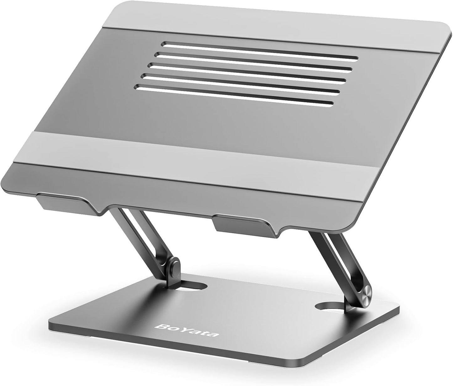 BoYata Laptop Stand, Adjustable Laptop Riser with Slide-Proof Silicone and Protective Hooks, Aluminum Notebook Stand for Laptop up to 15 Inches, Laptop Holder Compatible for MacBook (Silver-2)