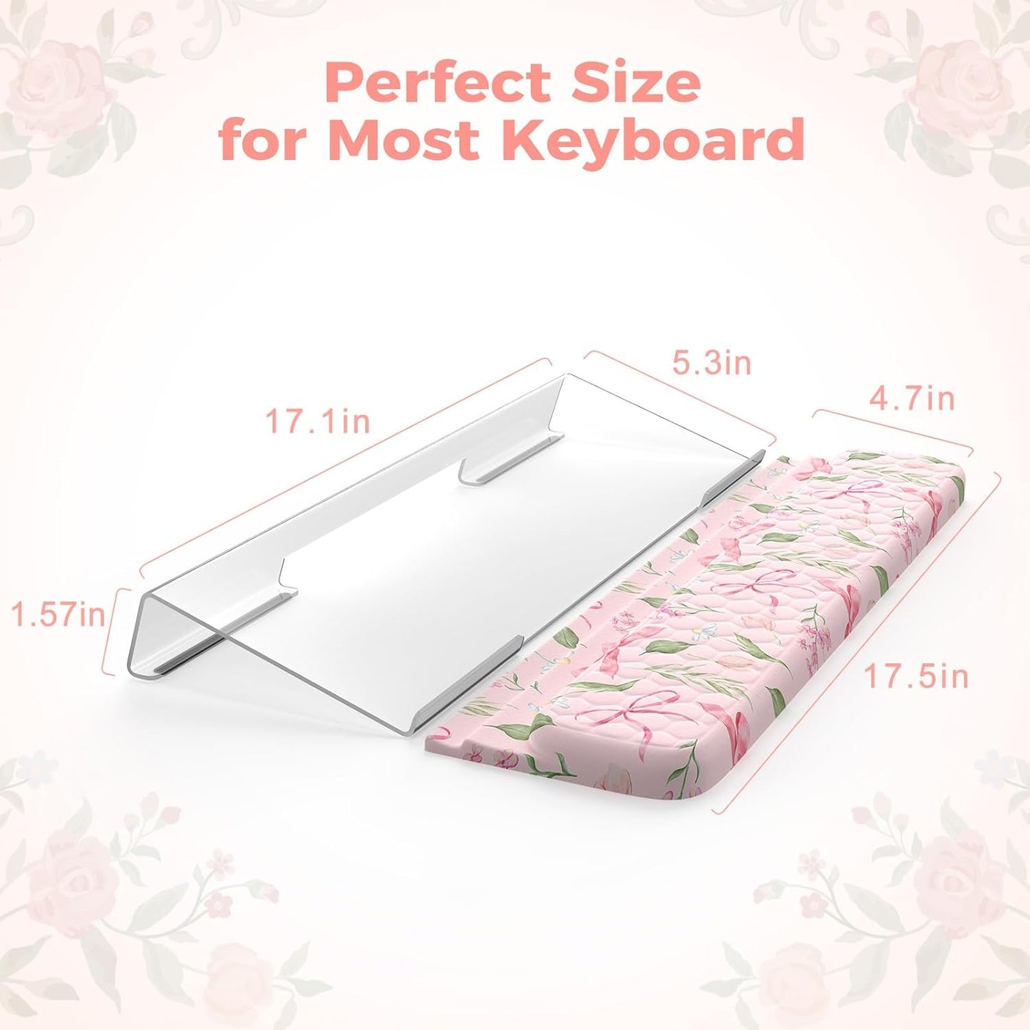 2 in 1 Keyboard Stand for Desktop, Floral Wrist Support for Keyboards, Anti-Fatigue Memory Foam Wrist Rest for Computer, 3-Angle Adjustable Keyboard Riser for Office Home (Pink Bow)