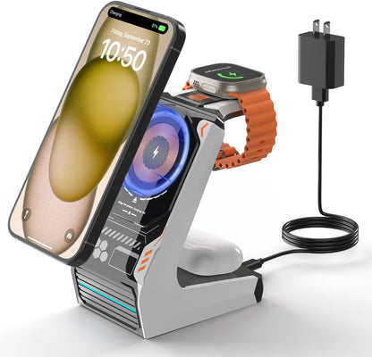 Charging Station for iPhone and Apple Watch: 3 in 1 Wireless Phone Charger Stand for iPhone 17 16 15 14 13 12 11 Pro Max & AirPods, Bedside Nightstand Docking
