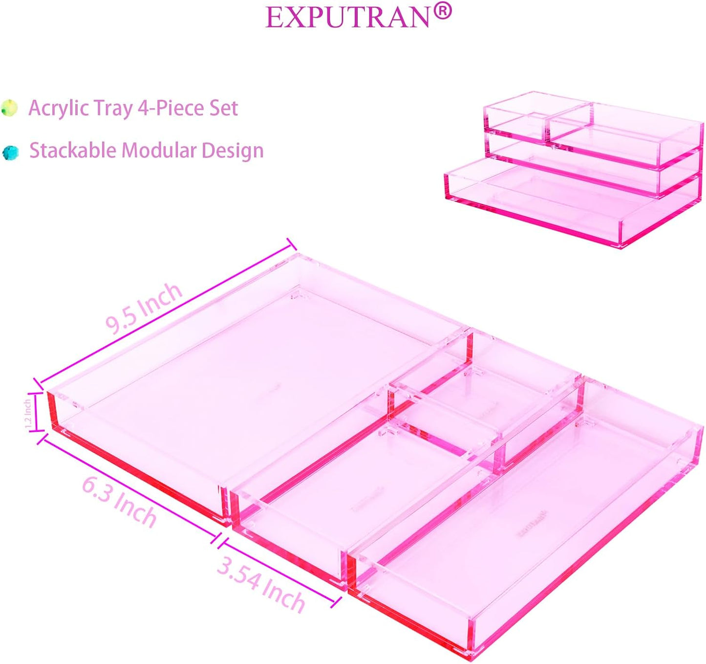 Clear Acrylic Desk Organizer for Office or Home Desk Drawer Dividers, Makeup Vanity Storage Bins, Stackable 4-Pack, Acrylic Accessory and Half Accessory Tray/Small Tray