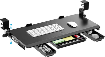Large Keyboard Tray Under Desk Slide Out with Sturdy C-Clamp Mount and Storage Drawer, 27" (31" Including Clamps) x 12" Ergonomic Keyboard Trays for Home and Office, Black