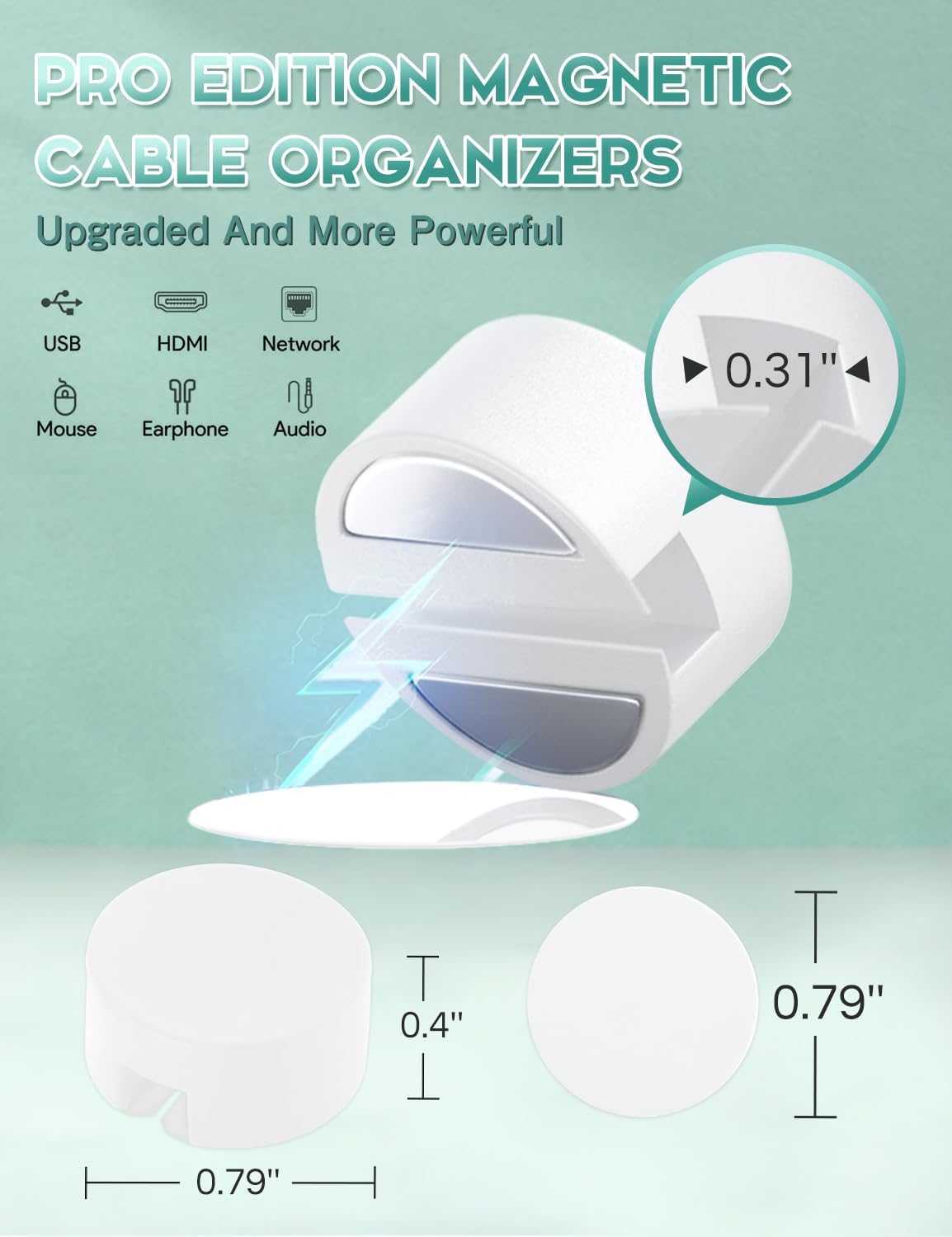 5-Pack Magnetic Cable Organizer Adhesive Cable Clips for Kitchen Nightstand Desk Table Metal Wall Steel, 5 Cord Clips + 5 Magnet Disc Base, White