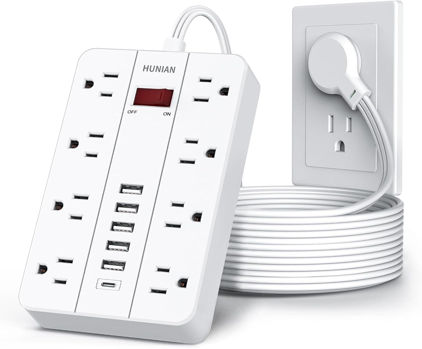 Power Strip with USB, Flat Plug Extension Cord Surge Protector 5 Ft, HUNIAN Power Strip with 8 Widely Spaced Outlets 6 USB Charger (1 USB C Port), Desk Charging Station for Home Office, White