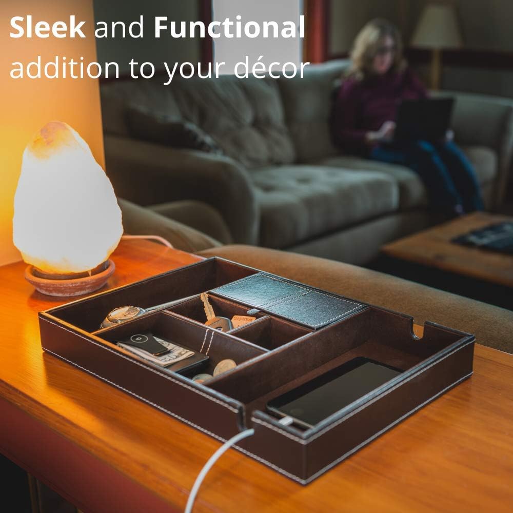 ULTRAY Nightstand Organizer, Valet Tray for Men and Women, EDC Tray, Dresser Top Catchall, Dark Brown Faux Leather, 6 Compartments